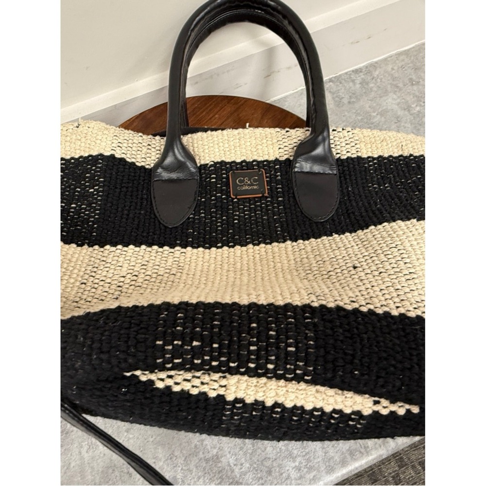 C&C California Black and Cream Striped Woven Tote with Adjustable Shoulder Strap - Picture 11 of 11